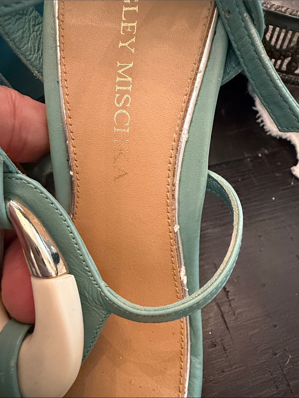Badgley Mischka Sage Green Leather T-Strap Wedge Sandals with Cream Accent - Picture 9 of 10